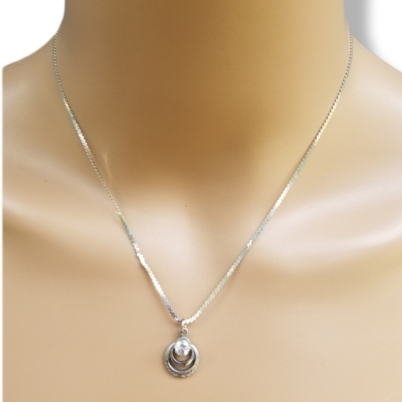 VINTAGE STERLING SILVER & COLORLESS SPINEL PENDANT & SERPENTINE CHAIN NECKLACE - Picture 1 of 8